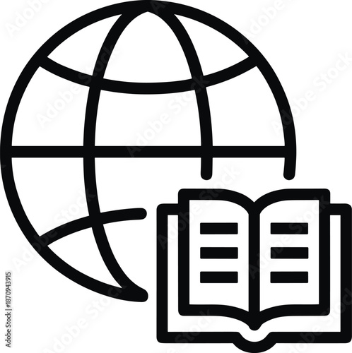 Global education icon with open book and earth globe symbol for international learning, online research, world literacy, and academic library concepts.