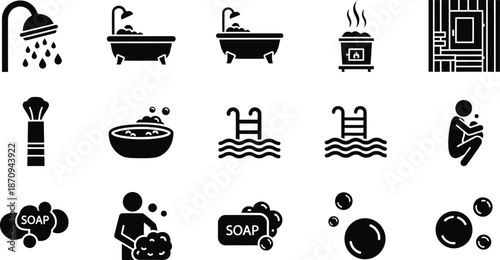 Minimalist linear icon set of bathtubs with shower and water details