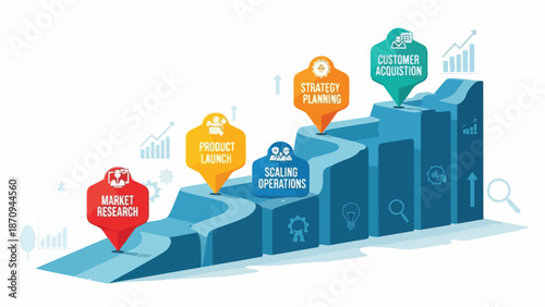 A 3D bar chart with six business strategy milestones