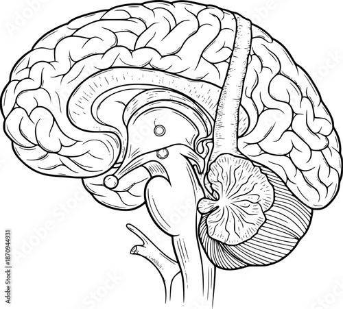 Brain Stem Drawing – Black and White Vector Illustration, Human Brain Anatomy, Brain and Brainstem, Cerebrum, Cerebellum, Medulla, Medical, Science, Outline Sketch, Line Art, Editable Vector Design.