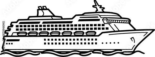 Cruise Boat Drawing – Black and White Vector Illustration, Cruise Ship, Passenger Vessel, Ocean Travel, Maritime Transport, Outline Sketch, Line Art, Editable Vector Design.
