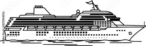 Cruise Boat Drawing – Black and White Vector Illustration, Cruise Ship, Passenger Vessel, Ocean Travel, Maritime Transport, Outline Sketch, Line Art, Editable Vector Design.
