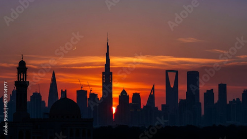 Dubai Skyline Silhouette at Sunset with Burj Khalifa, UAE Cityscape, Drone Shot