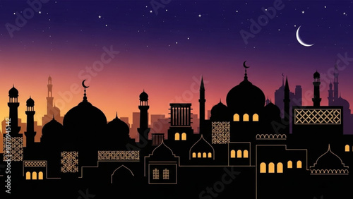 Islamic City Skyline at Dusk with Mosques and Minarets Silhouetted against Colorful Sky