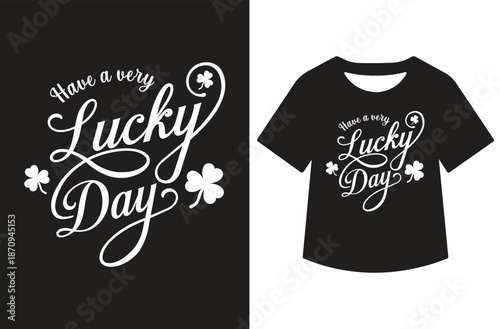 Monochrome "Lucky" typography with swirling accents, leprechaun hat, and shamrocks, showcased standalone and on white T-shirt mockup. Versatile black vector design perfect.