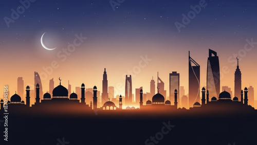 Islamic City Skyline at Sunset with Crescent Moon