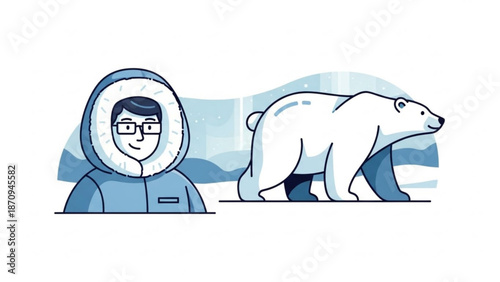 Scientist in Arctic Gear Standing Near Polar Bear in Snowy Landscape Illustration