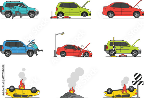 Car accident and breakdown illustration set showing collisions, roadside repair, damaged vehicles and emergency situations in flat vector style