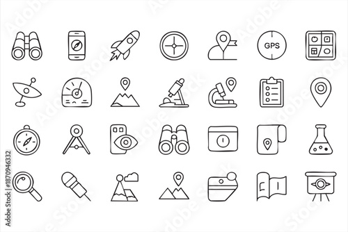 Compass and GPS Line Icons for Mobile Navigation Apps, Web Maps