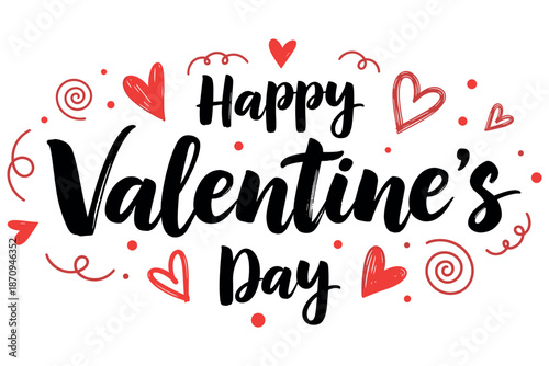 Happy Valentine’s Day Typography Set with Hearts, Floral Elements and Decorative Calligraphy for Romantic Holiday Designs