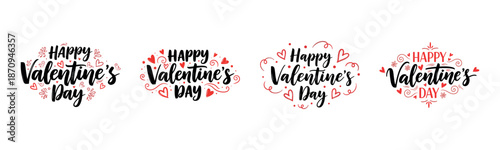 Happy Valentine’s Day Typography Set with Hearts, Floral Elements and Decorative Calligraphy for Romantic Holiday Designs
