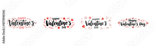 Happy Valentine’s Day Typography Set with Hearts, Floral Elements and Decorative Calligraphy for Romantic Holiday Designs