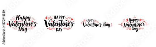 Happy Valentine’s Day Typography Set with Hearts, Floral Elements and Decorative Calligraphy for Romantic Holiday Designs