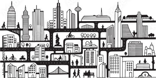 Black and white cityscape illustration with various buildings