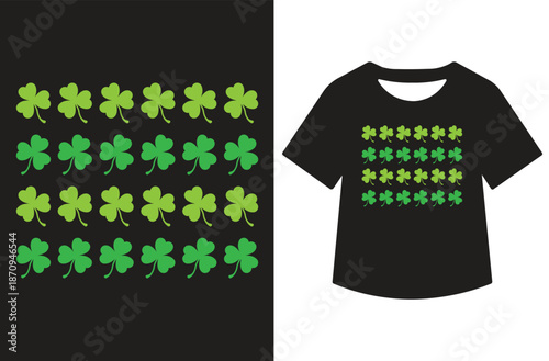 Grid of 20 lime green shamrocks arranged in four rows on black background, illustrated standalone and printed on black T-shirt mockup. Seamless vector pattern perfect for St. Patrick's Day fabric.