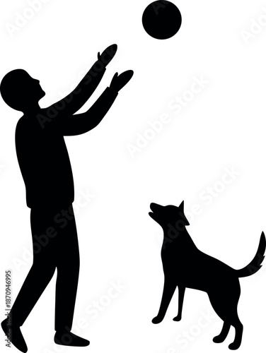 Man Playing Fetch with Dog Silhouette, Pet Owner Activity Vector, Human and Animal Friendship