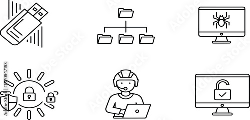 Linear vector illustration set of cyber security icons featuring usb drive, network folders, malware spider, firewall, hacker, and unlocked screen.