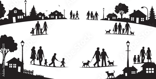 Silhouette of people walking in a suburban neighborhood park