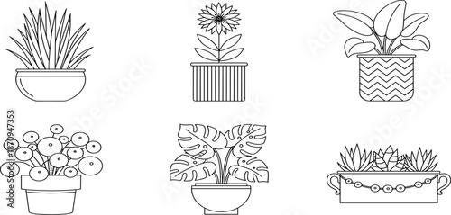 Decorative Potted Houseplant Line Icon Set Featuring Monstera, Succulent, Flower, Pilea, And Leafy Indoor Garden Illustrations For Interior Design