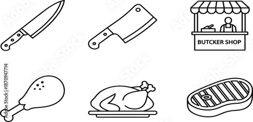 Butcher Shop Line Icon Set Featuring Meat Cleaver Kitchen Knife Whole Chicken Drumstick Beef Steak And Market Stall Illustrations For Design