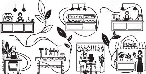 Floral shop illustrations with people and plants