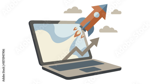 A laptop displaying a rocket launching upwards with a growth chart, symbolizing business growth and success.