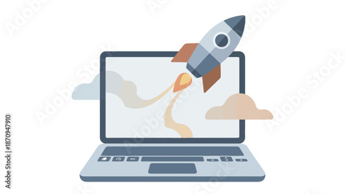 A stylized illustration of a laptop with a rocket launching from its screen, symbolizing startup, innovation, or rapid progress.