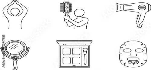 Professional Beauty and Grooming Line Art Icon Set Featuring Hair Styling Tools Makeup Palette Skincare Face Mask and Personal Care Essentials