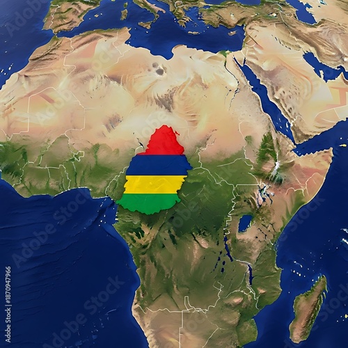 Mauritius flag on a relief map of Africa, indicating its geographical representation