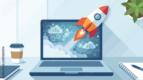 A laptop screen displays a rocket launching into a digital cloudscape, symbolizing startup growth and technological advancement.