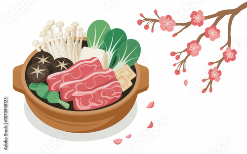 Colorful Japanese Hot Pot with Vegetables and Meat
