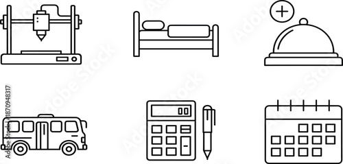 Modern professional line icon set featuring 3D printer, hotel bed, service bell, shuttle bus, calculator, and calendar for business scheduling. (Exactly 20 words)