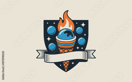 Vintage Shield with Ice Cream Cone and Flame Logo Design