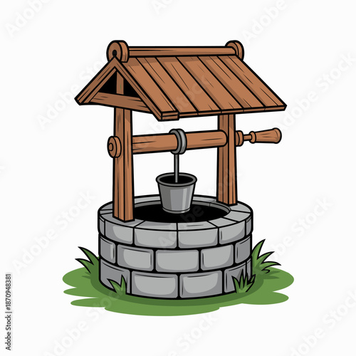 Traditional old rustic water well with wooden roof and bucket for drawing fresh water