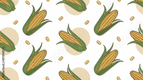 Seamless pattern with fresh corn cobs and scattered kernels, ideal for food and agriculture designs