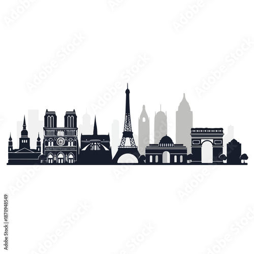 A black and white city skyline with iconic buildings