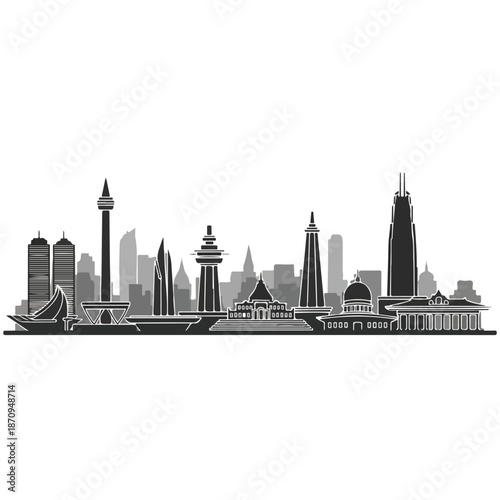A black and white city skyline with various buildings