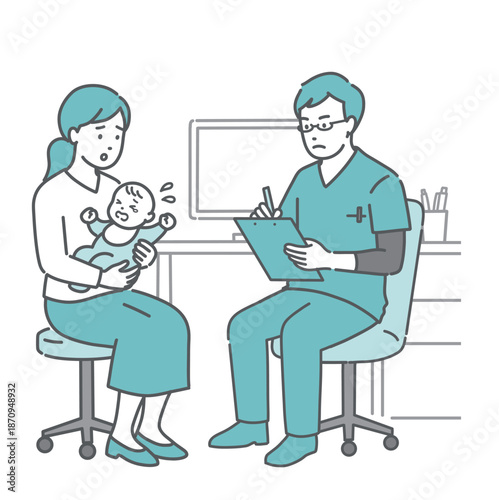 体調不良を訴える赤ちゃんと母親と男性医師（スクラブ・小児科・救急）