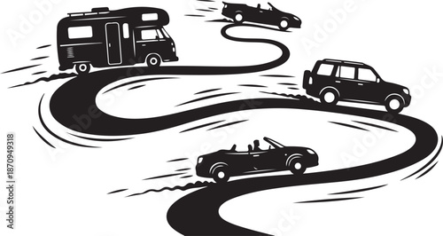 Vehicles driving on a winding road together fast