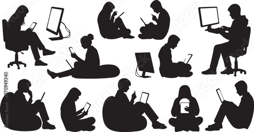 Silhouettes of people using digital devices in various poses