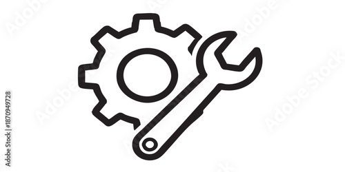 Tool vector icon, cogwheel and wrench symbol, repair and service concept, black outline and filled style, isolated on transparent background, minimalist vector design for UI, web, and print.Tool vecto