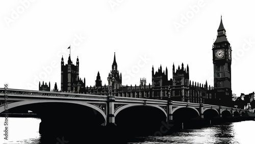 A black and white image of a bridge and clock tower