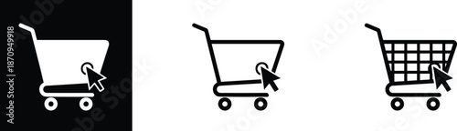 Shopping cart icons with mouse click cursor symbol representing online ecommerce checkout process isolated on black white backgrounds