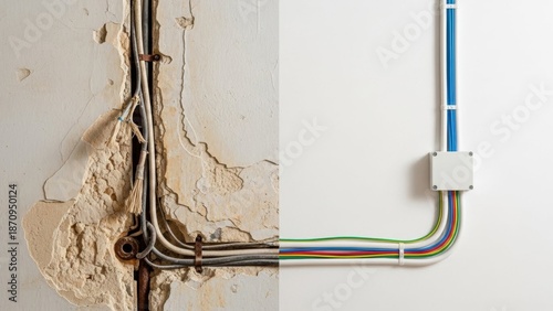 Electrical Wiring Transformation: An image revealing the before-and-after of electrical wiring, demonstrating the journey from aged, damaged cables to a modern, structured installation.