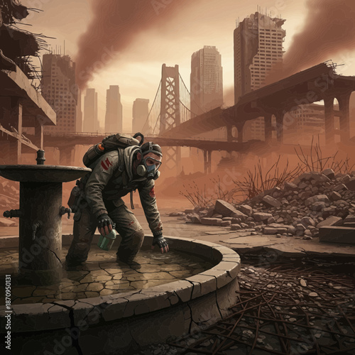 Post Apocalyptic Wasteland: Survivor Seeking Water in Ruined City