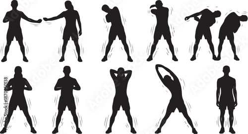 Silhouettes of people in various poses and actions