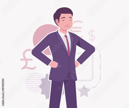 Asian businessman, financial consulting service currency trader stand pose. Stockbroker market dealer investment advisor vector flat style cartoon illustration, dollar, euro, pound currency background