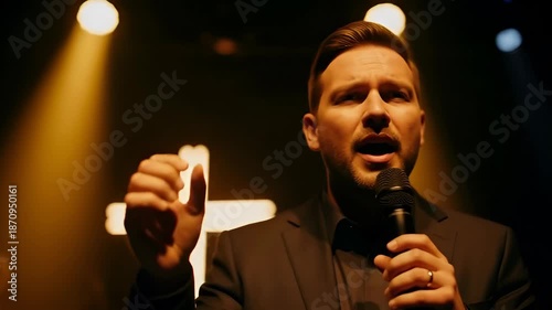 Young man singing with band during religious worship service. Modern christian praise and worship music performance for evangelism. Baptist and Pentecostal services. Song to Jesus.