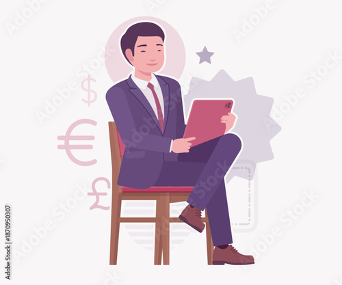 Asian businessman, financial consulting service currency trader sitting. Stockbroker market dealer investment advisor vector flat style cartoon illustration, dollar, euro, pound currency background