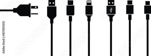USB Charging and Power Cable Icon Set Showing Various Connectors and Plugs for Data Transfer, Electronics, and Technology Design